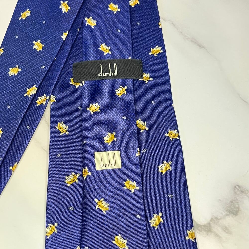 Dunhill Silk Tie – Navy Blue with Yellow Turtle Pattern - Picture 4 of 5